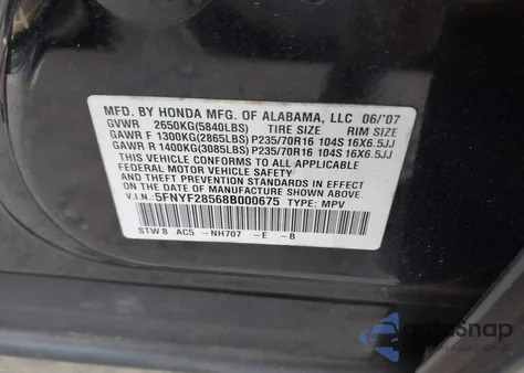 2008 Honda Pilot Ex-L z USA, uszkodzony, nr VIN 5FNYF28568B000675
